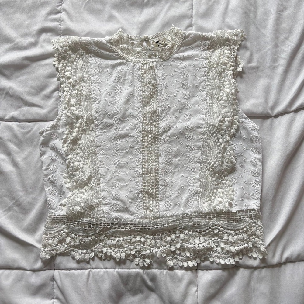 Sim Sam White Eyelet Lace Sleeveless Button Back Top Large Cottagecore Prairie